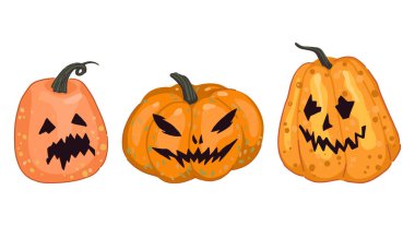 Cadılar Bayramı balkabağı seti. Ürkütücü yüzlerin vektör çizimleri Jack. Çizgi film tarzı klip sanatı koleksiyonu beyaz arkaplanda izole edildi..