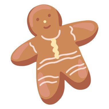 İnsan şeklinde kurabiye, güzel ev yapımı fırın. Renkli çizgi film karalaması. El çizimi vektör çizimi. Tek çizim beyaza izole edilmiş. Noel tasarımı, yazdırma, çıkartma, kart, dekorasyon, paket