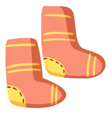 Sıcak çoraplar, kış aksesuarları. Renkli kıyafet karikatürü. El çizimi vektör çizimi. Tek çizim beyaz arkaplanda izole edildi. Noel tasarımı, yazdırma, çıkartma, kart, dekor elementleri.