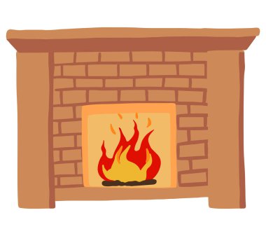 Geleneksel şömine, yanan ateş. Saf estetiğin renkli karikatürü. El çizimi vektör çizimi. Beyaz üzerine izole çizim. Xmas tasarımı, yazdırma, çıkartma, kart, dekor, paket.