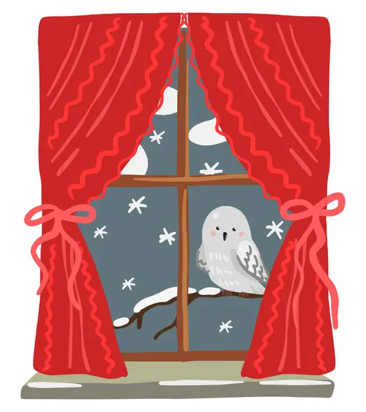 雪の冬を見下ろす窓 枝にフクロウ 居心地の良い家を描いたカラーマンガ 手描きベクターイラスト 単一の断片は白で隔離される クリスマスの設計 印刷物 ステッカー カード 装飾のため — ストックベクタ