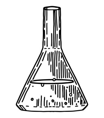 Sıvı karalama ile laboratuvar şişesi. Kimya ya ya da biyoloji, cam eşyalar, eğitim, deney klip sanatı. El çizimi vektör çizimi beyaza izole edildi..