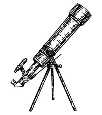 Tripod skecinde teleskop. Astronomik ekipman, bilimsel enstrüman ana hatları klip sanatı. El çizimi vektör çizimi beyaza izole edildi..