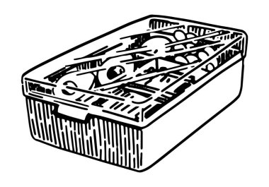 Beslenme çantası skeci. Okulda ya da işte sağlıklı beslenme. Yiyecek için konteynırın ana hatları. El çizimi vektör çizimi beyaza izole edildi..
