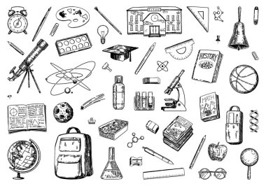 Okul eskiz koleksiyonunu özetliyor. Ders kitapları, laboratuvar ve sınıf ekipmanları, kırtasiye malzemeleri. El çizimi vektör çizimleri. Okula dönüş klip sanatları beyazlar üzerinde izole..