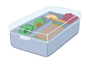 Beslenme çantası karalaması. Okulda ya da işte sağlıklı beslenme. Yiyecek için konteynıra tırman. Çizgi film biçimi vektör çizimi beyaz üzerine izole edildi..
