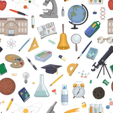 Okulun öznitelikleri kusursuzdur. Ders kitaplarının süsü, laboratuvar ekipmanları, kırtasiye malzemeleri. Çizgi film stili vektör çizimleri. Okul tasarımına geri dön..