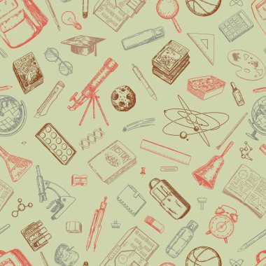 Okulun öznitelikleri kusursuzdur. Ders kitaplarının süsü, laboratuvar ekipmanları, kırtasiye malzemeleri. El çizimi vektör çizimleri. Okul tasarımına geri dön..