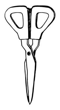 Makas karalaması. Ofis kırtasiyesi, ekipman, alet. El çizimi vektör çizimi. Beyaz arkaplanda ana hatlar izole edildi.