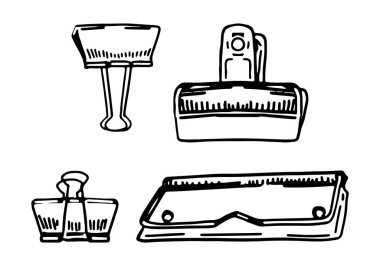 Belgeler, ataçlar, ataçlar için tutucular. Kırtasiye malzemeleri koleksiyonu. El çizimi vektör çizimi beyaza izole edildi.