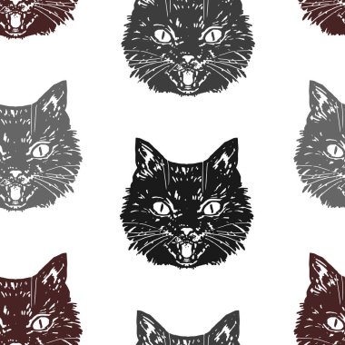 Kızgın kara kedi suratı süsü. Tıslayan kedi cadılar bayramı vektörü kusursuz desen. Eski kabartma biçiminde resim .