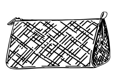 Kozmetik çanta ana hatlı klipsi. Makyaj aksesuarı. El çizimi vektör çizimi beyaza izole edildi..