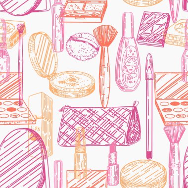 Makyaj malzemelerinin soyut süsü. Güzellik aksesuarları kozmetik çizimler kusursuz desenler çizer. El çizimi vektör illüstrasyonları geçmişe dönük..