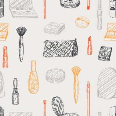 Makyaj malzemelerinin soyut süsü. Güzellik aksesuarları kozmetik çizimler kusursuz desenler çizer. El çizimi vektör illüstrasyonları geçmişe dönük..