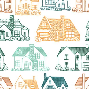 Elle çizilmiş vektör pürüzsüz desen. Güzel evler. Rahat bir ev, çiftlik, kulübe, villa. Düz çizgi çizimi. Eski tarz renkli bir arka plan. Tasarım, duvar kağıdı, tekstil, kumaş, baskı, paket