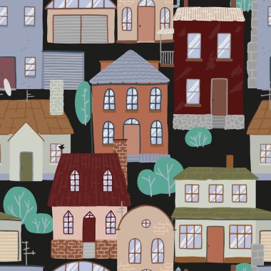 Kır evlerinin pürüzsüz deseni, rahat şehir. Güzel konut binaları süsü. Düz vektör çizimi. Duvar kağıdı için tasarım, arkaplan..