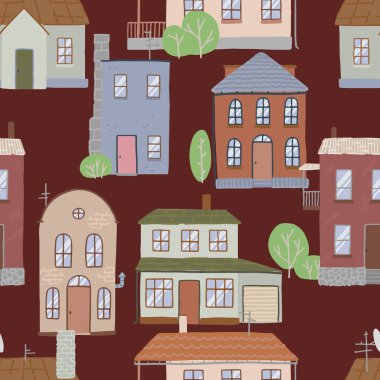 Kır evlerinin pürüzsüz deseni, rahat şehir. Güzel konut binaları süsü. Düz vektör çizimi. Duvar kağıdı için tasarım, arkaplan..