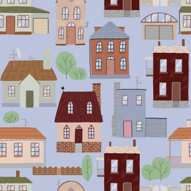 Kır evlerinin pürüzsüz deseni, rahat şehir. Güzel konut binaları süsü. Düz vektör çizimi. Duvar kağıdı için tasarım, arkaplan..