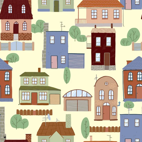Kır evlerinin pürüzsüz deseni, rahat şehir. Güzel konut binaları süsü. Düz vektör çizimi. Duvar kağıdı için tasarım, arkaplan..
