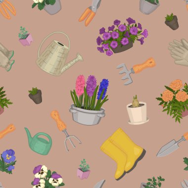 Bahar bahçıvanlığı kusursuz desen. Saksı süsleri, eldivenler, lastik botlar, su bidonları, bahçe aletleri. Çizgi film vektör tasarımı.