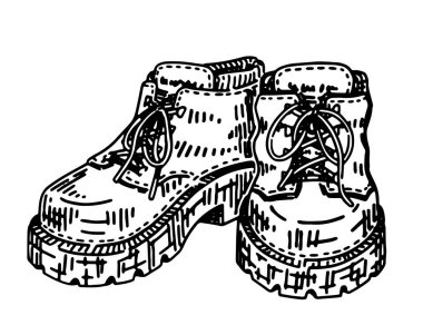 Trek ayakkabıları skeci. Retro stil yürüyüş botlarının bir parçası. El çizimi vektör çizimi beyaza izole edildi.