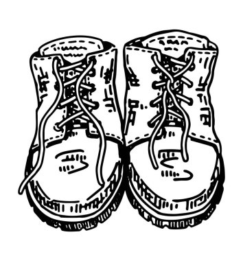 Trek ayakkabıları skeci. Retro stil yürüyüş botlarının bir parçası. El çizimi vektör çizimi beyaza izole edildi.