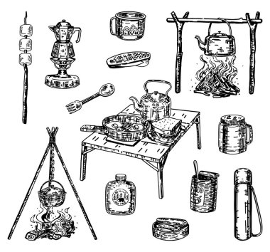 Mutfak karalamaları koleksiyonu. Açık mutfak malzemeleri, kamp ateşi malzemelerinin taslakları. İşleme biçimindeki vektör illüstrasyonu beyaza izole edildi.