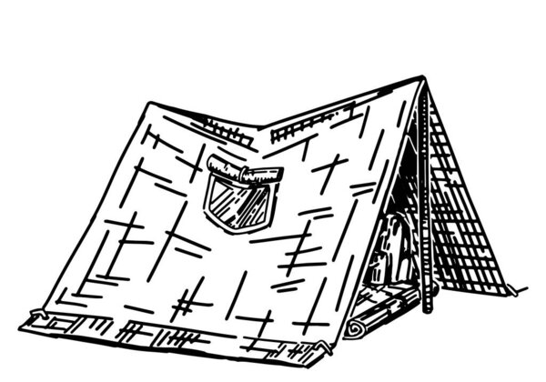 Tourist tent sketch. Clipart of hiking equipment, travel attribute. Hand drawn vector illustration isolated on white.