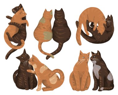 Birbirine aşık kedi çiftleri. El çizimi vektör çizimi. Romantik hayvan koleksiyonu. Aziz Sevgililer Günü öğeleri. Çizgi film çizimleri tasarım, etiket, davetiye ve kart için beyaza izole edildi.