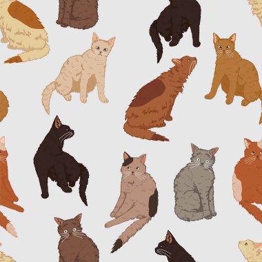 Kediler evcil hayvanlar, kedi yavruları pürüzsüz desenler. El çizimi vektör çizimi. Renkli karikatür süsü. Dekor, duvar kağıdı, arkaplan, tekstil için tasarım.