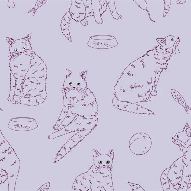 Kediler evcil hayvanlar, komik kedi yavruları, kusursuz desenler. El çizimi vektör çizimi. Renkli süs. Dekor, duvar kağıdı, arkaplan, tekstil için tasarım.
