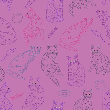 Kediler evcil hayvanlar, komik kedi yavruları, kusursuz desenler. El çizimi vektör çizimi. Renkli süs. Dekor, duvar kağıdı, arkaplan, tekstil için tasarım.