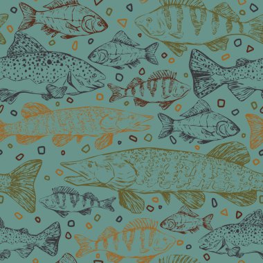  Trout, Perch, Pike, Crucian gerçekçi mürekkep çizimleri. Nehir balığının elle çizilmiş kusursuz deseni. Klasik renkli balıkçılık süsü. Duvar kağıtları, arkaplan, paket, tekstil, baskı, kumaş için tasarım