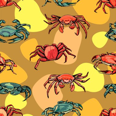 Klasik el çizimi, kusursuz vektör deseni. Güzel yengeçlerin arka planı. Kabuklu hayvanların gerçekçi grafik çizimleri. Duvar kağıdı, ambalaj, tekstil, kartpostallar, baskılar vs. için parlak yüzey tasarımı.