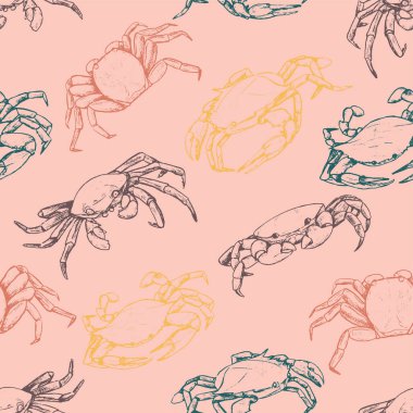 Klasik el çizimi, kusursuz vektör deseni. Güzel yengeçlerin soyut arkaplanı. Kabuklu hayvanların grafiksel çizimleri. Duvar kağıdı, ambalaj, tekstil, kartpostallar, baskılar vs. için parlak yüzey tasarımı.