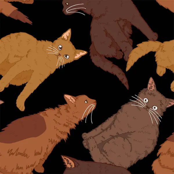 Kediler evcil hayvanlar, komik kedi yavruları, kusursuz desenler. El çizimi vektör çizimi. Renkli süs. Dekor, duvar kağıdı, arkaplan, tekstil için tasarım.
