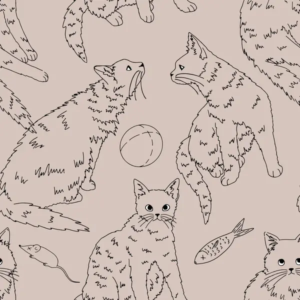 Kediler evcil hayvanlar, kediler ve oyuncaklar kusursuz desenler. El çizimi vektör çizimi. Siyah bir süs. Dekor, duvar kağıdı, arkaplan, tekstil için tasarım.