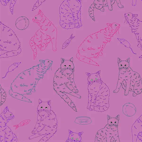Kediler evcil hayvanlar, komik kedi yavruları, kusursuz desenler. El çizimi vektör çizimi. Renkli süs. Dekor, duvar kağıdı, arkaplan, tekstil için tasarım.
