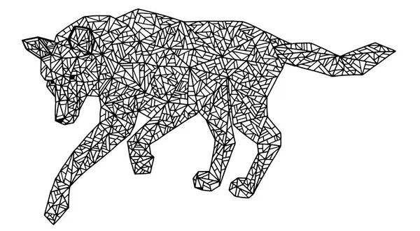 Single geometric animal. Wild walking wolf made of triangles and lines. Element for coloring antistress. Hand drawn abstract vector illustration. Black contour picture isolated on white for design.