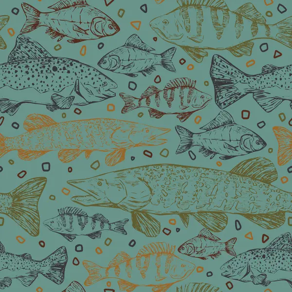  Trout, Perch, Pike, Crucian gerçekçi mürekkep çizimleri. Nehir balığının elle çizilmiş kusursuz deseni. Klasik renkli balıkçılık süsü. Duvar kağıtları, arkaplan, paket, tekstil, baskı, kumaş için tasarım