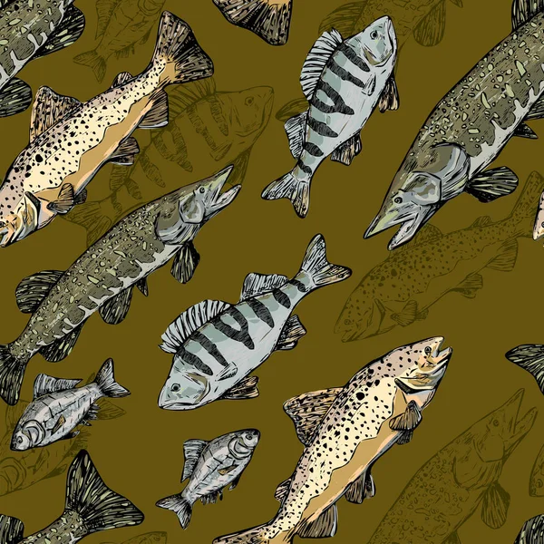Trout, Perch, Pike, Crucian gerçekçi mürekkep çizimleri. Nehir balığının elle çizilmiş kusursuz deseni. Klasik renkli balıkçılık süsü. Duvar kağıtları, arkaplan, paket, tekstil, baskı, kumaş için tasarım