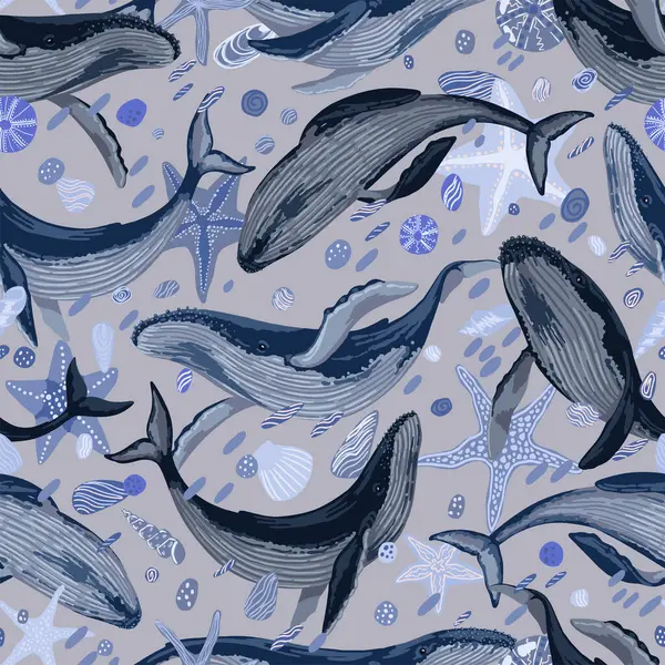 Seamless pattern of blue whales, starfish, seashells. Hand drawn vector illustration. Beautiful underwater ornament. Design for fabric, textile, background, wallpaper, print, decor, wrap