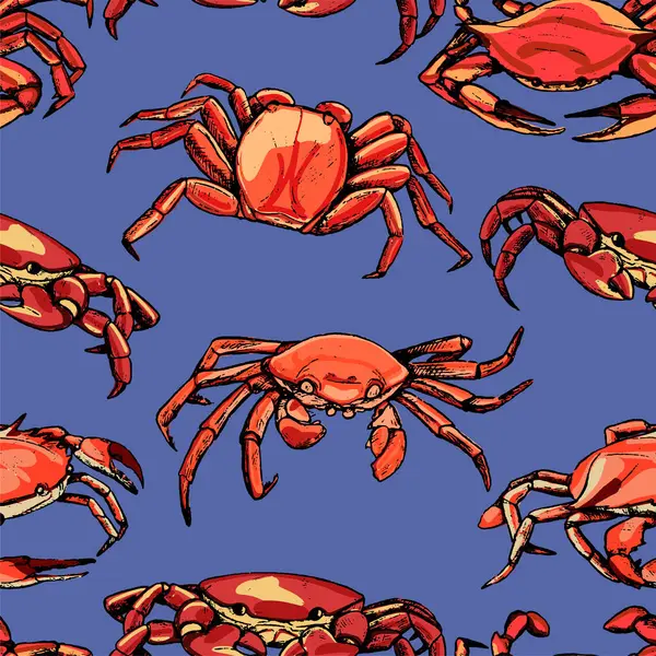Klasik el çizimi, kusursuz vektör deseni. Güzel yengeçlerin arka planı. Kabuklu hayvanların gerçekçi grafik çizimleri. Duvar kağıdı, ambalaj, tekstil, kartpostallar, baskılar vs. için parlak yüzey tasarımı.