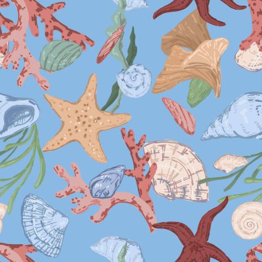 Yıldız balıkları, deniz kabukları, taşlar, yosun, mercan, deniz süsü. Su altı yaşamının kusursuz soyut vektör örüntüsü. Modern biçim pastel renkler tasarımı..