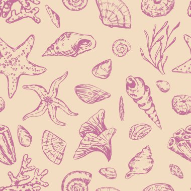 Soyut deniz süsü. Deniz yıldızı, deniz kabuğu, taş, yosun, mercan çizimleri. Su altı yaşamının kusursuz bir örneği. Retro tasarım biçimi..