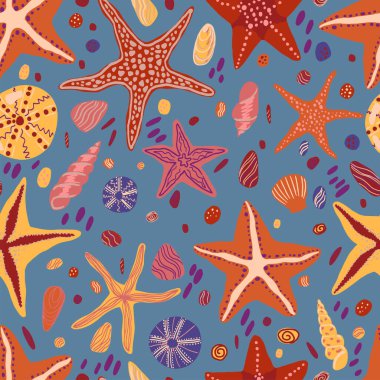 Yıldız balıkları, deniz kabukları ve taşlar düz elle çizilmiş vektörsüz desen. İskandinav tarzında renkli duvar kağıtları. Yaz mevsimi geçmişi. İzler, ambalaj, tekstil, kumaş, dekor ve kartlar için soyut tasarım.