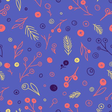 Çiçeksel el çizimi vektör pürüzsüz desen. Dalları, böğürtlenleri, bitkileri olan soyut bir arka plan. Karalama tarzında renkli duvar kağıtları. Baskı, paket, kart, tekstil, kumaş, dekor için basit botanik tasarımı.