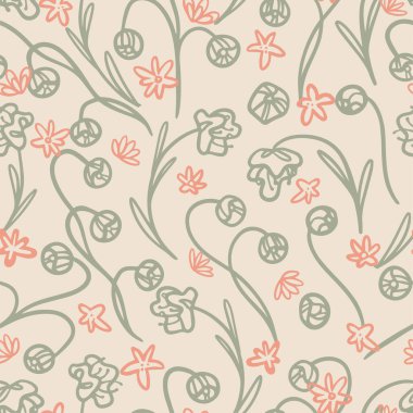 Çiçeksel el çizimi vektör pürüzsüz desen. Özgeçmişinde soyut çiçekler var. Karalama tarzında bej renkler. Baskı, kart, tekstil, kumaş, duvar kağıdı, dekor için basit botanik tasarımı.