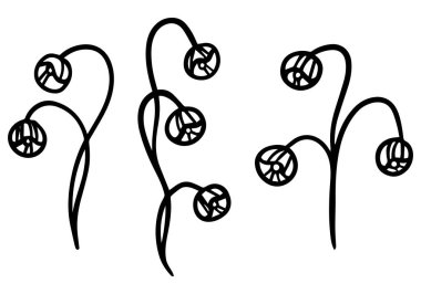 Soyut çiçek karalamaları. El çizimi vektör çizimleri. Beyaz üzerine izole edilmiş siyah klasik çizimler. Tasarım, kart, baskı, dekor ve çıkartmalar için basit çevresel fantezi botanik öğeler.