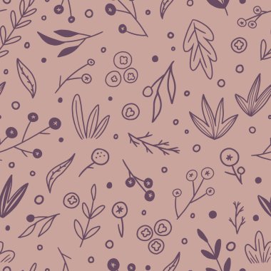 Çiçeksel el çizimi vektör pürüzsüz desen. Dalları, böğürtlenleri, bitkileri olan soyut bir arka plan. Karalama tarzında renkli duvar kağıtları. Baskı, paket, kart, tekstil, kumaş, dekor için basit botanik tasarımı.